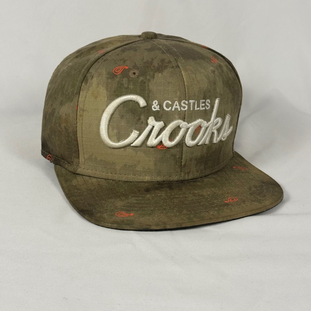 Crooks & Castles Snapback Hat OS Green Camo Ripstop Paisley Script Logo
